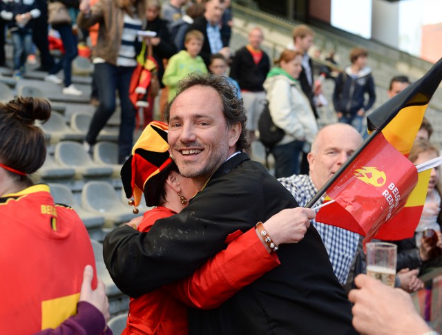 20140410 - BRUSSELS , BELGIUM : Belgian coach Kris Van Der Haegen pictured celebrating his win over Germany during the female soccer match between BELGIUM U19 and GERMANY U19 , in the third and final game of the Elite round in group 4 in the UEFA European Women's Under 19 competition 2014 in the Koning Boudewijn Stadion , Thursday 10 April 2014 in Brussels . PHOTO DAVID CATRY