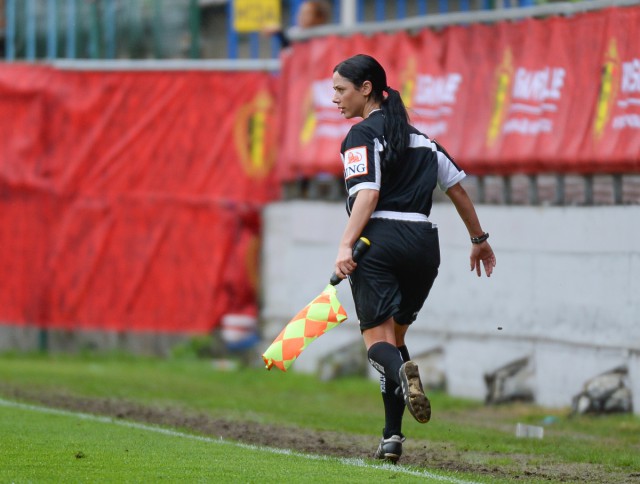 20150514 - BEVEREN , BELGIUM : Assistant referee Tina Tyteca pictured during the final of Belgian cup, a soccer women game between SK Lierse Dames and Club Brugge Vrouwen , in stadion Freethiel Beveren , Thursday 14 th May 2015 . PHOTO DAVID CATRY